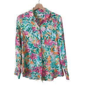 Foxcroft Top Womens 8 No Iron Floral Colorful Button Up Rayon Blue Pink Classic